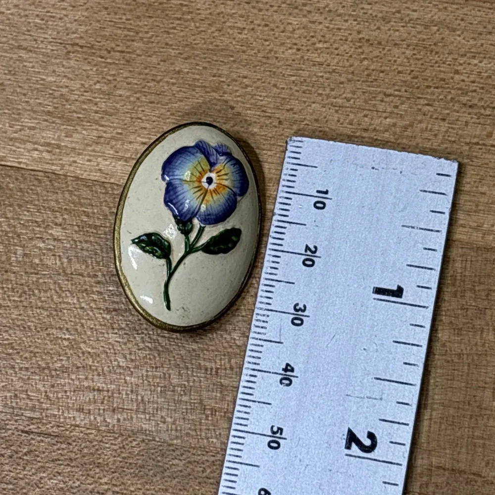 Vintage MCM Hand Painted Enamel Pansy Brooch Victorian Revival Gold Tone Pin